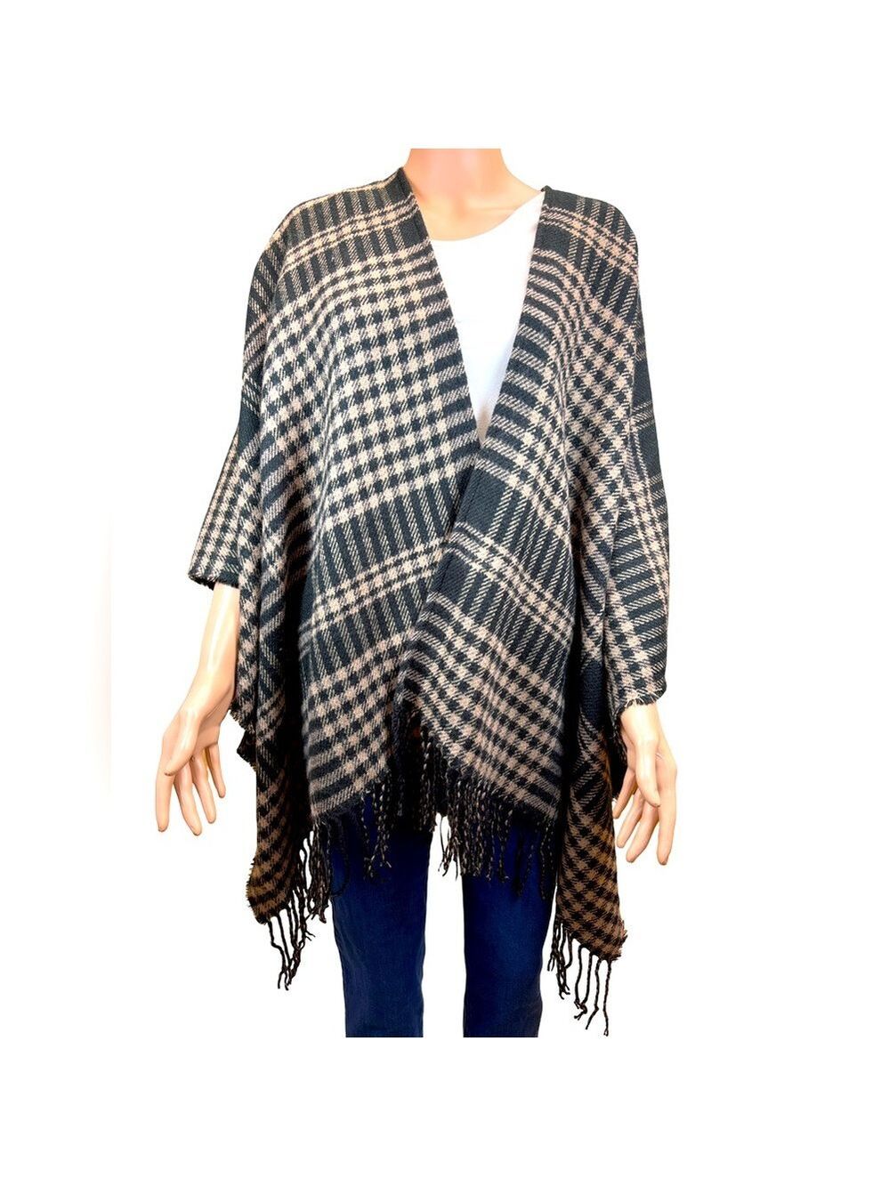 Just Jamie Black Fringe Houndstooth Ruana Wrap Poncho